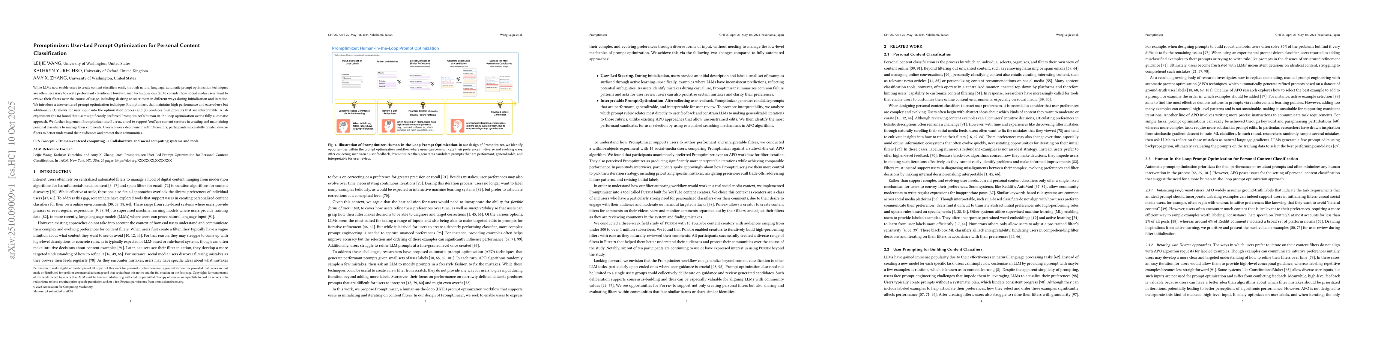 Thumbnail for Promptimizer: User-Led Prompt Optimization for Personal Content
  Classification