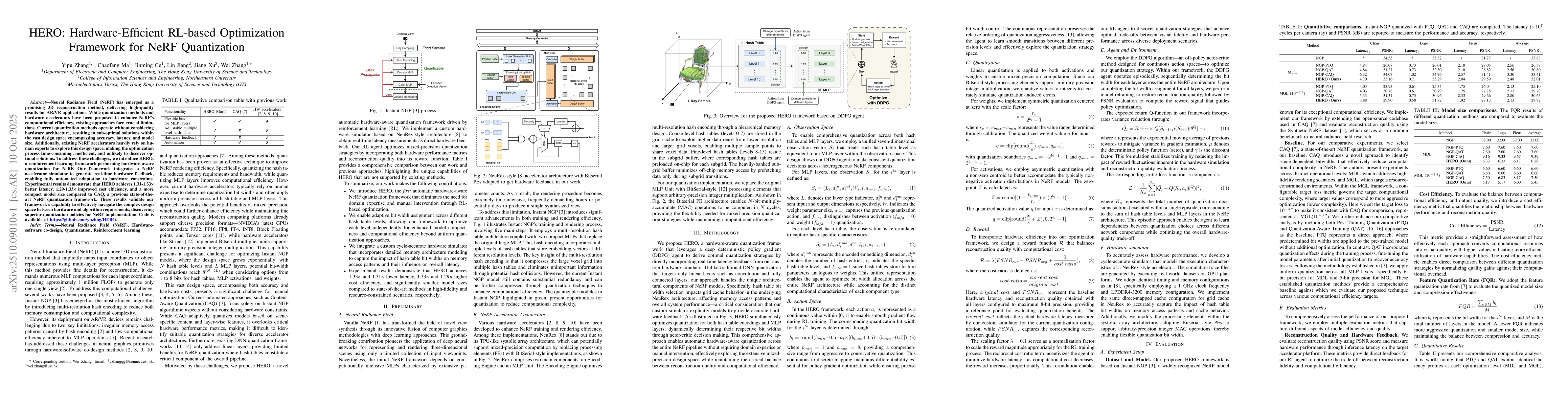 Thumbnail for HERO: Hardware-Efficient RL-based Optimization Framework for NeRF
  Quantization