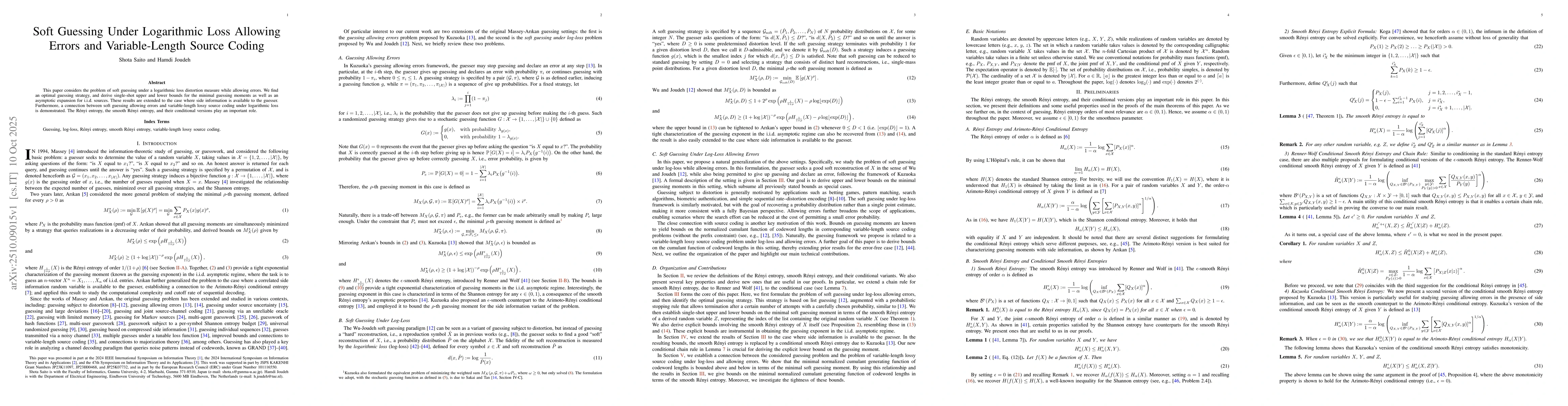 Thumbnail for Soft Guessing Under Logarithmic Loss Allowing Errors and Variable-Length
  Source Coding