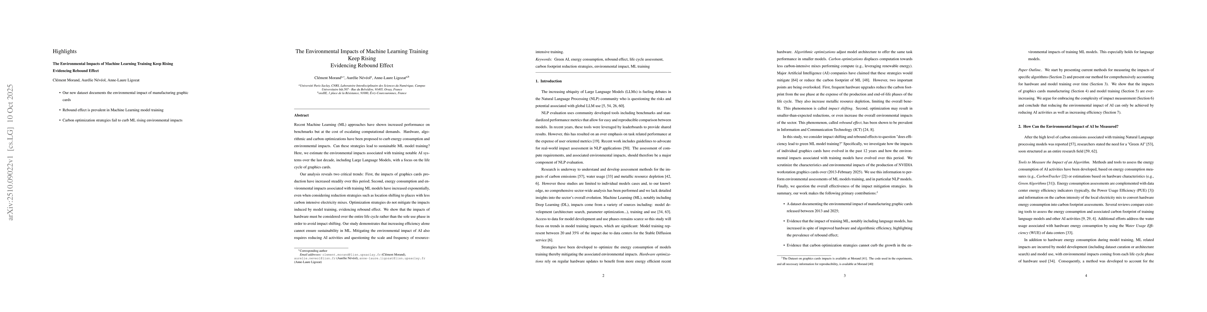 Thumbnail for The Environmental Impacts of Machine Learning Training Keep Rising
  Evidencing Rebound Effect