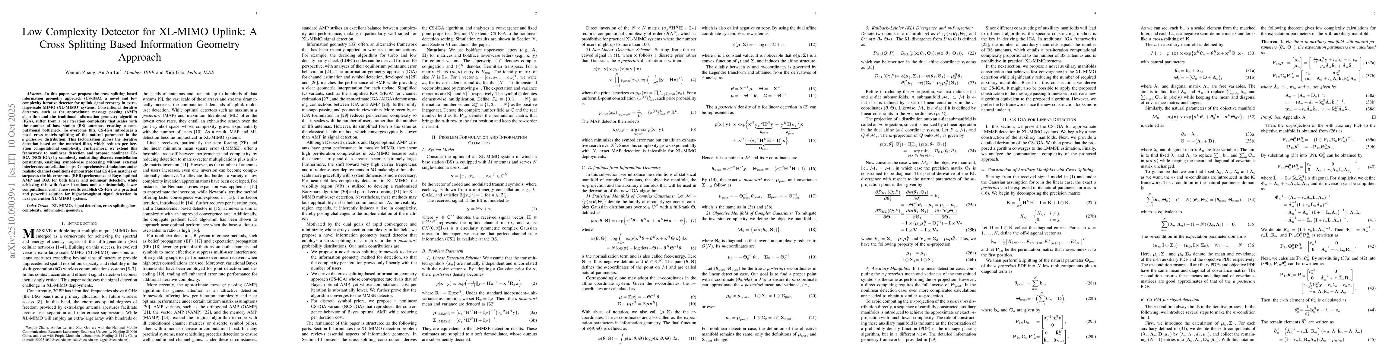 Thumbnail for Low Complexity Detector for XL-MIMO Uplink: A Cross Splitting Based
  Information Geometry Approach