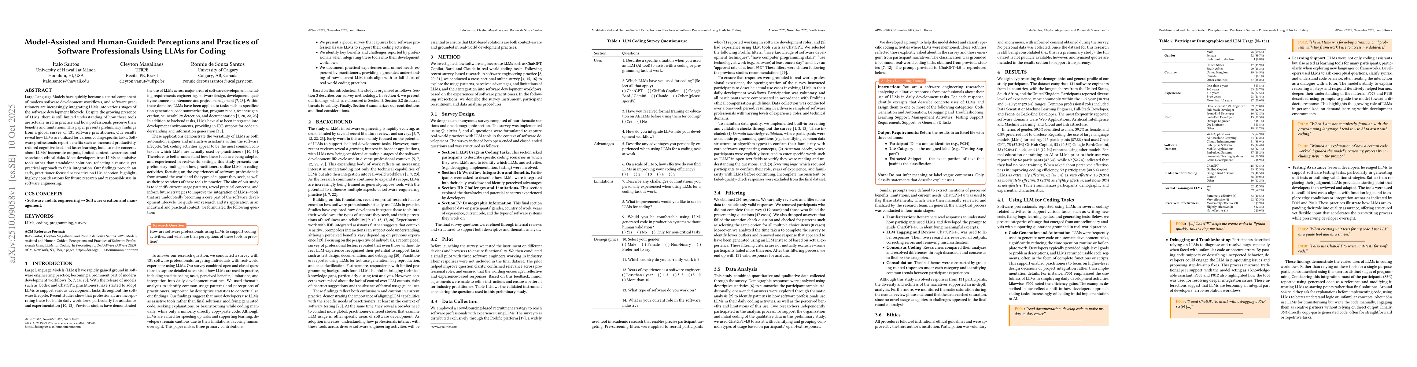 Thumbnail for Model-Assisted and Human-Guided: Perceptions and Practices of Software
  Professionals Using LLMs for Coding