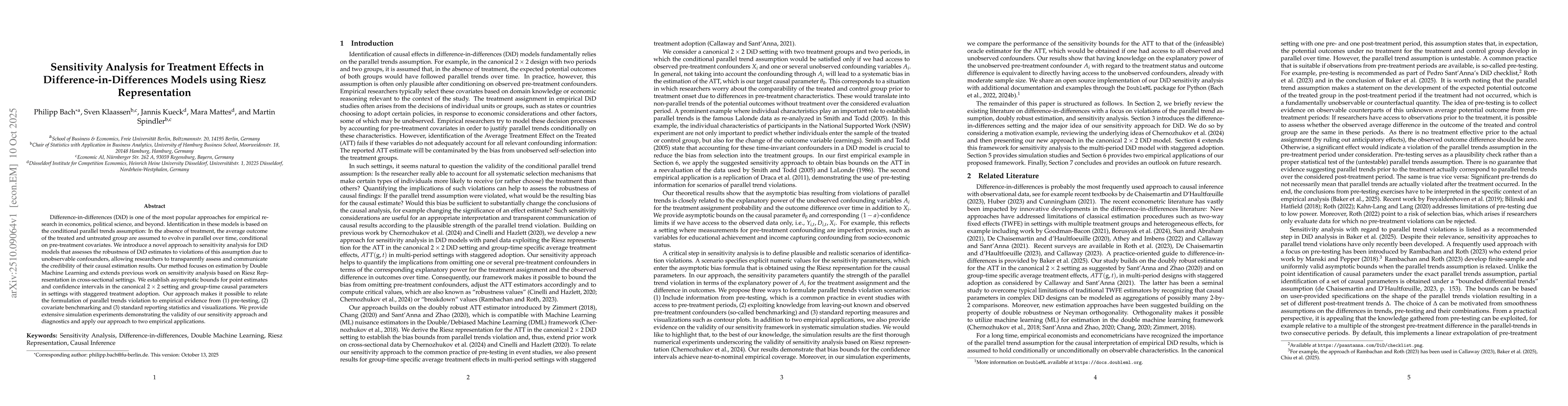 Thumbnail for Sensitivity Analysis for Treatment Effects in Difference-in-Differences
  Models using Riesz Representation