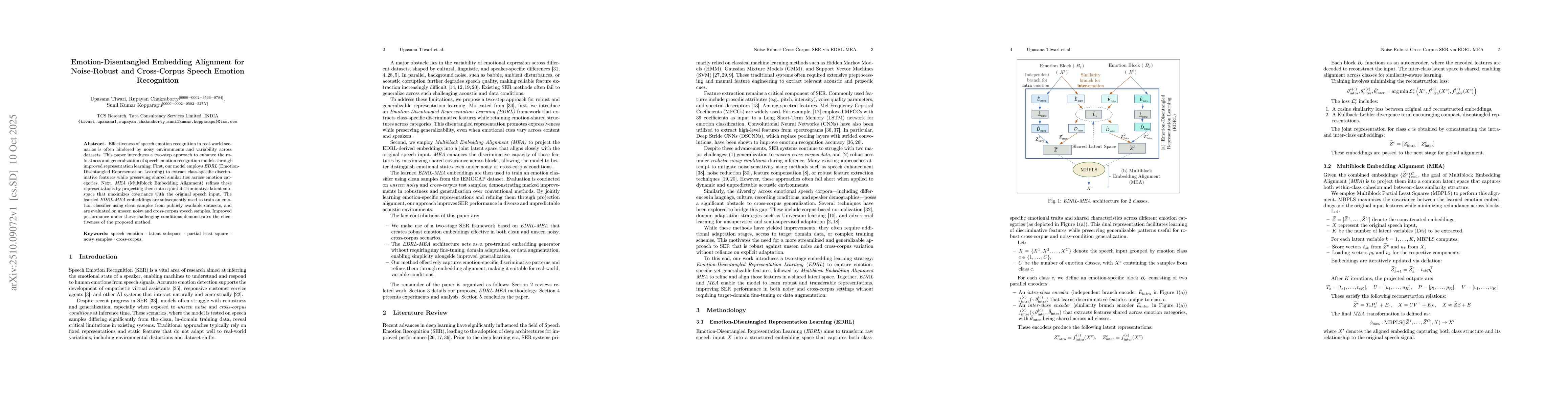 Thumbnail for Emotion-Disentangled Embedding Alignment for Noise-Robust and
  Cross-Corpus Speech Emotion Recognition