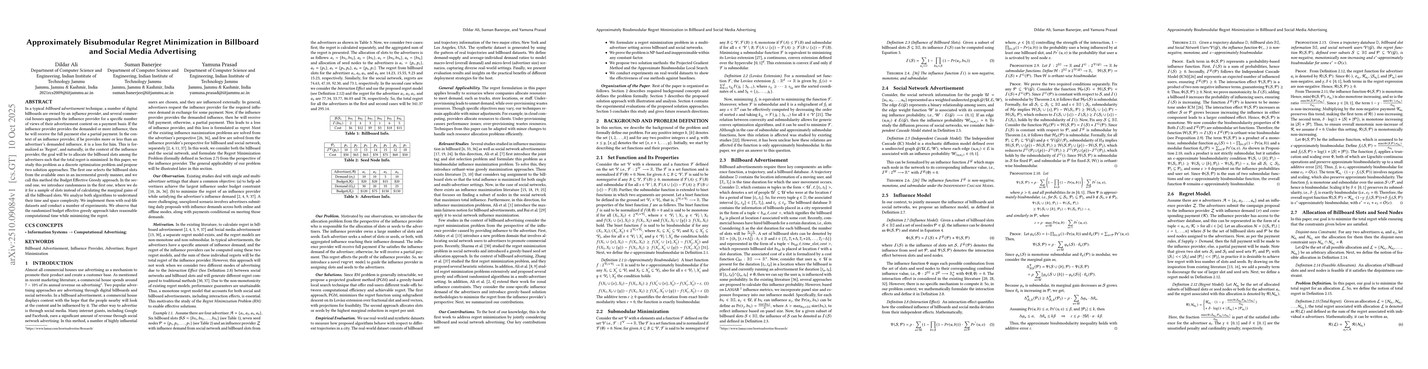 Thumbnail for Approximately Bisubmodular Regret Minimization in Billboard and Social
  Media Advertising