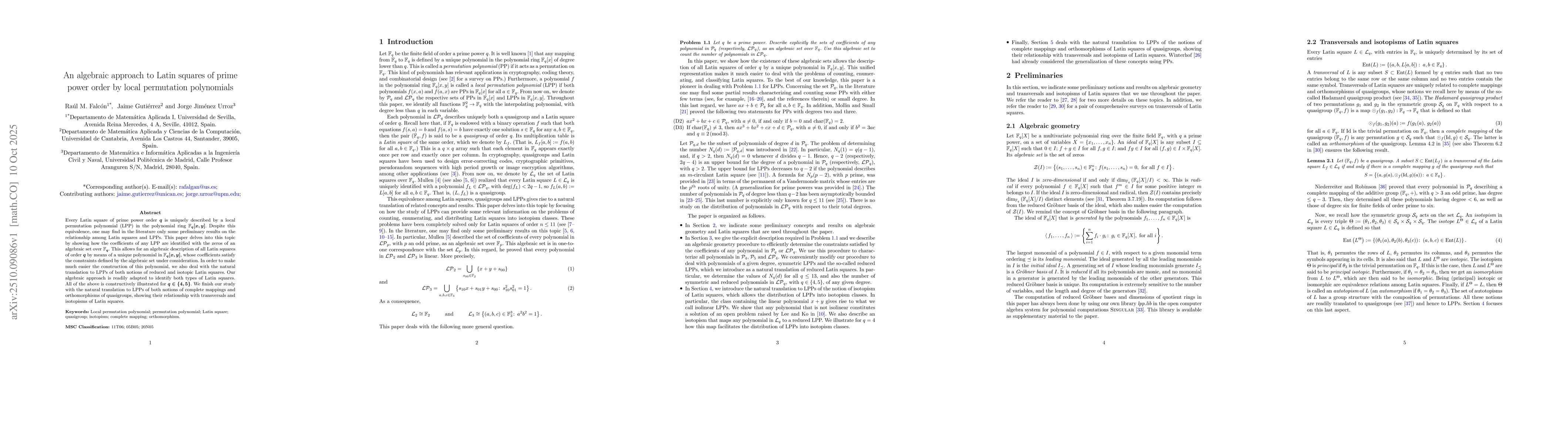 Thumbnail for An algebraic approach to Latin squares of prime power order by local
  permutation polynomials