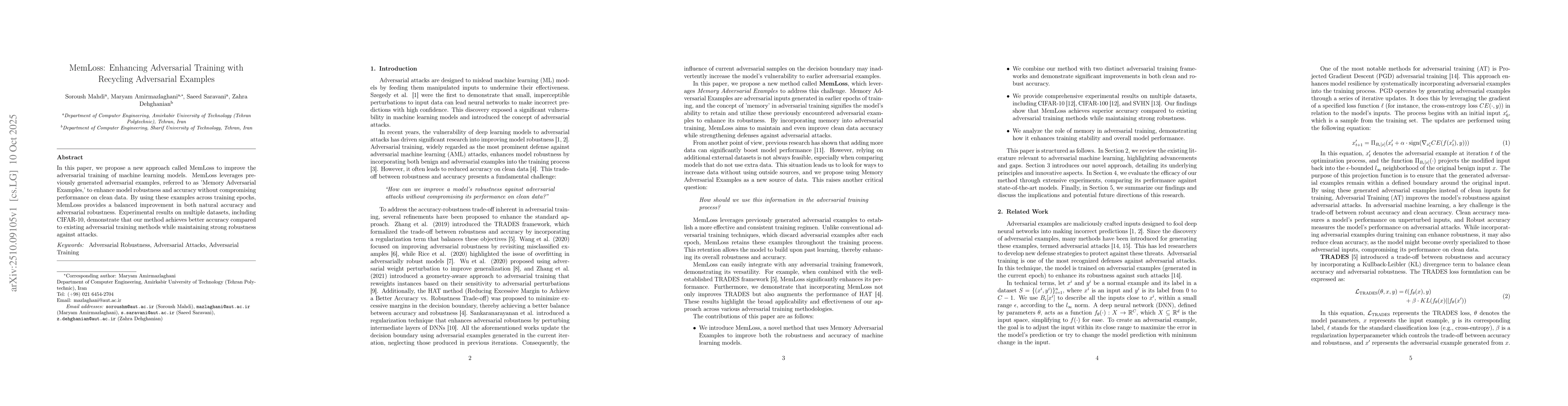 Thumbnail for MemLoss: Enhancing Adversarial Training with Recycling Adversarial
  Examples