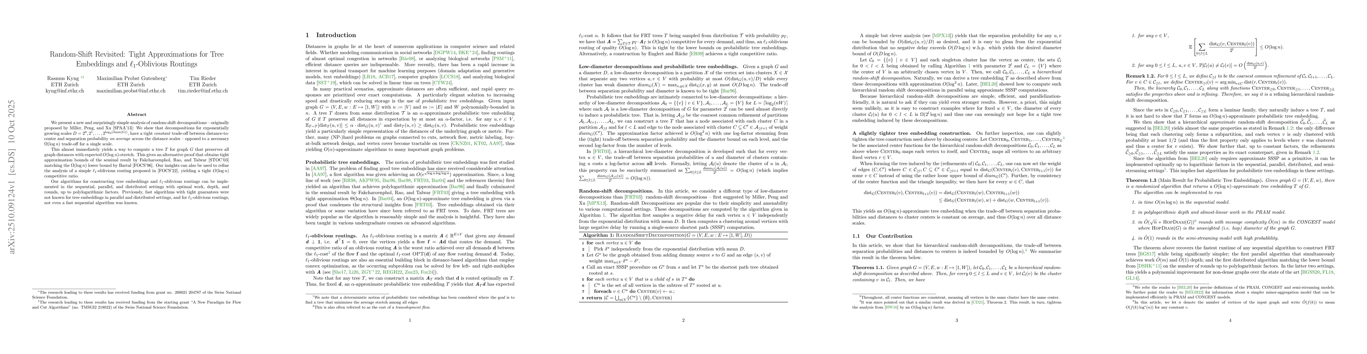 Thumbnail for Random-Shift Revisited: Tight Approximations for Tree Embeddings and
  L1-Oblivious Routings