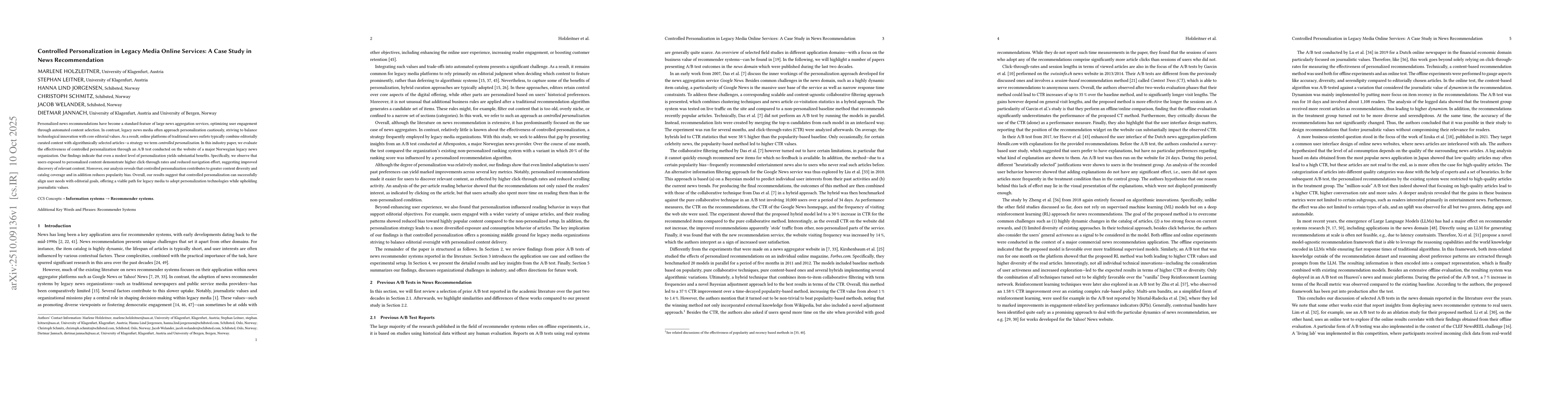 Thumbnail for Controlled Personalization in Legacy Media Online Services: A Case Study
  in News Recommendation