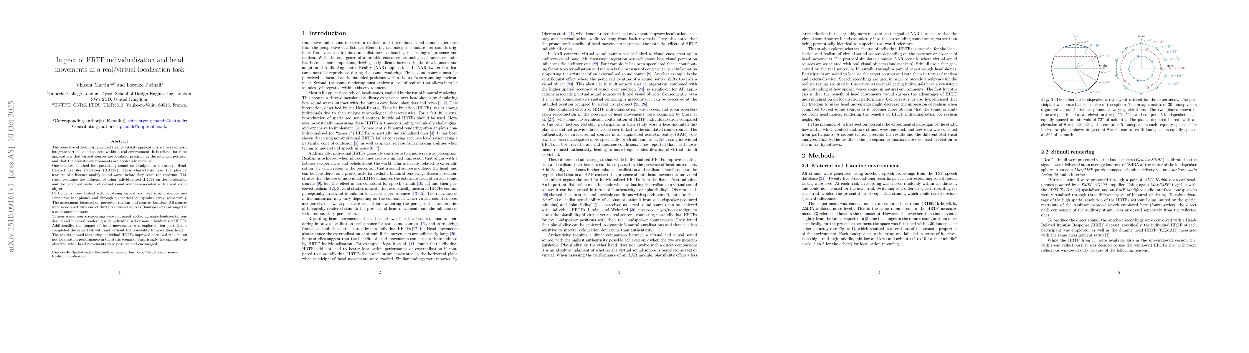 Thumbnail for Impact of HRTF individualisation and head movements in a real/virtual
  localisation task