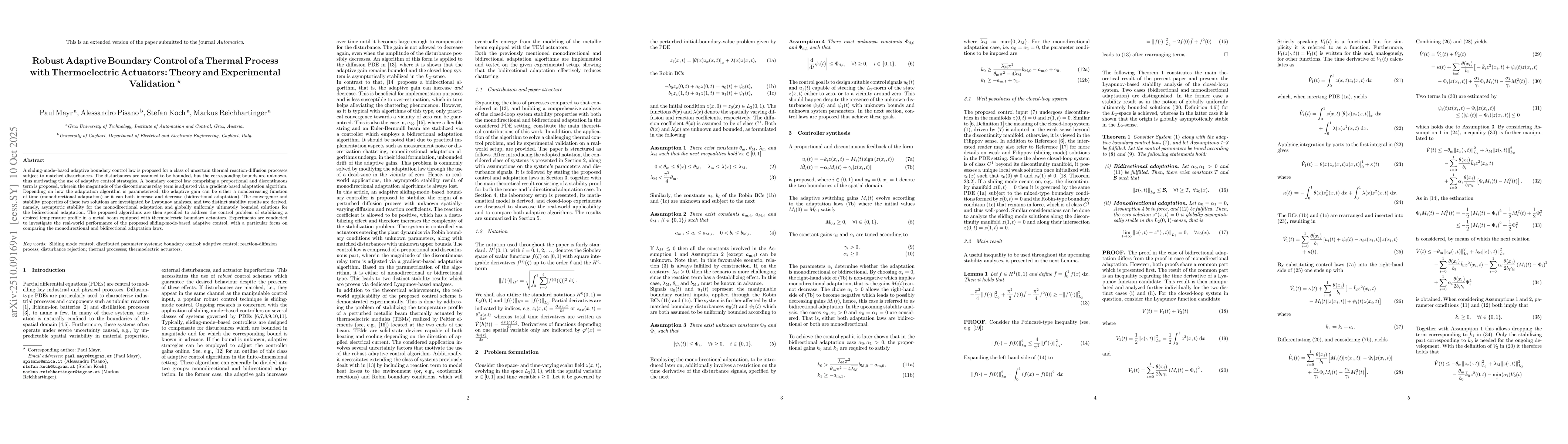Thumbnail for Robust Adaptive Boundary Control of a Thermal Process with
  Thermoelectric Actuators: Theory and Experimental Validation