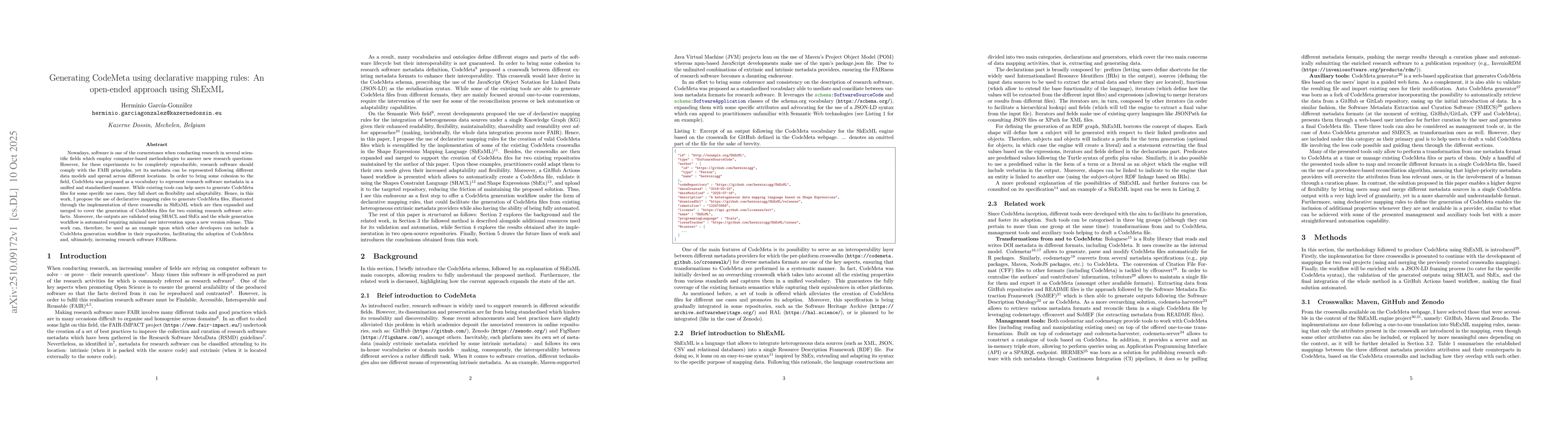 Thumbnail for Generating CodeMeta using declarative mapping rules: An open-ended
  approach using ShExML