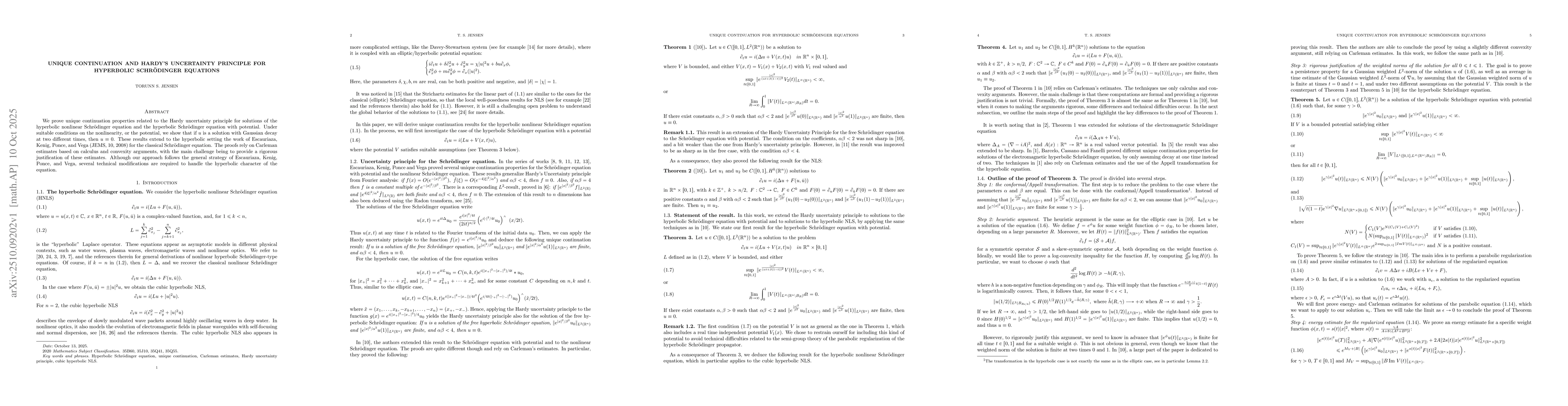 Thumbnail for Unique continuation and Hardy's uncertainty principle for hyperbolic
  Schrödinger equations