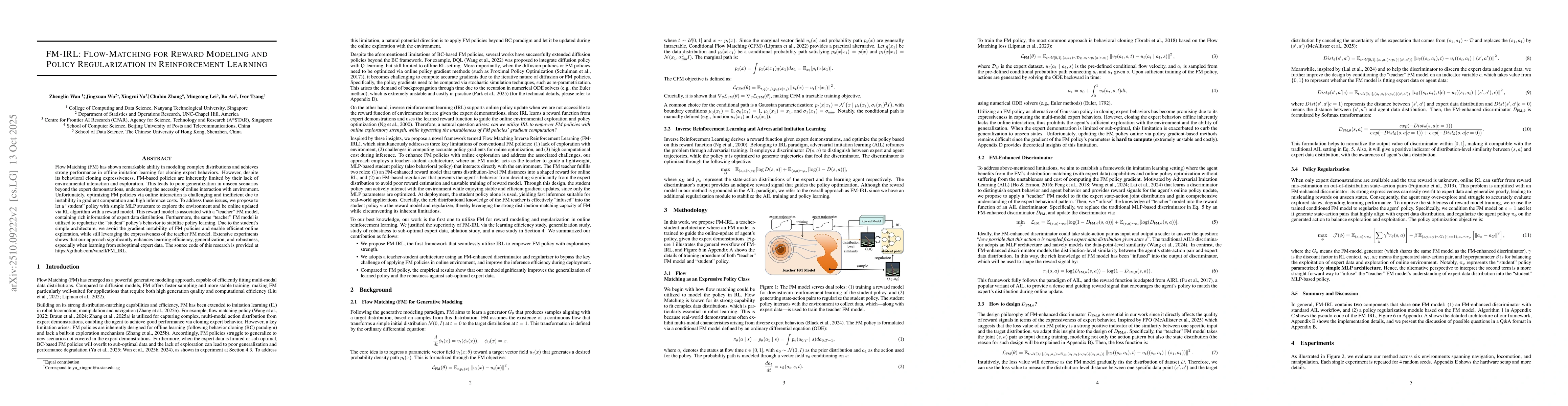 Thumbnail for FM-IRL: Flow-Matching for Reward Modeling and Policy Regularization in
  Reinforcement Learning