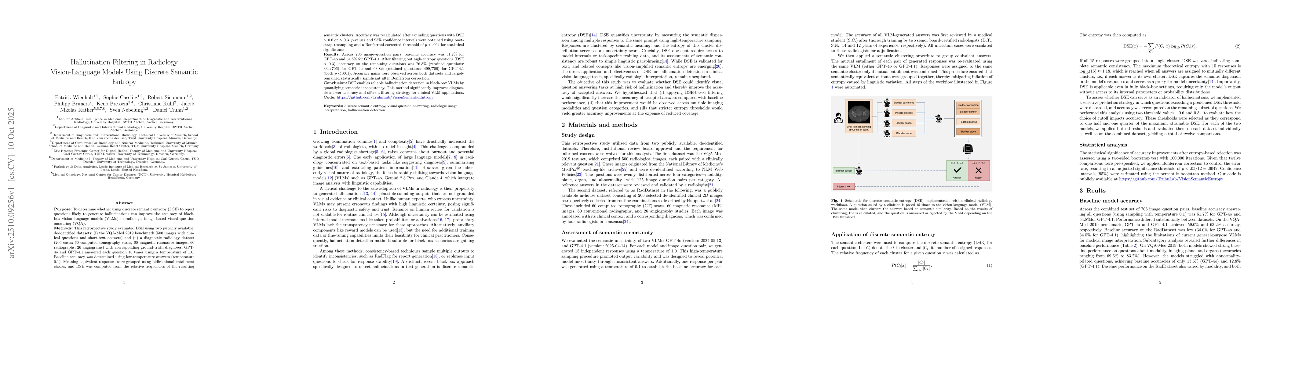Thumbnail for Hallucination Filtering in Radiology Vision-Language Models Using
  Discrete Semantic Entropy