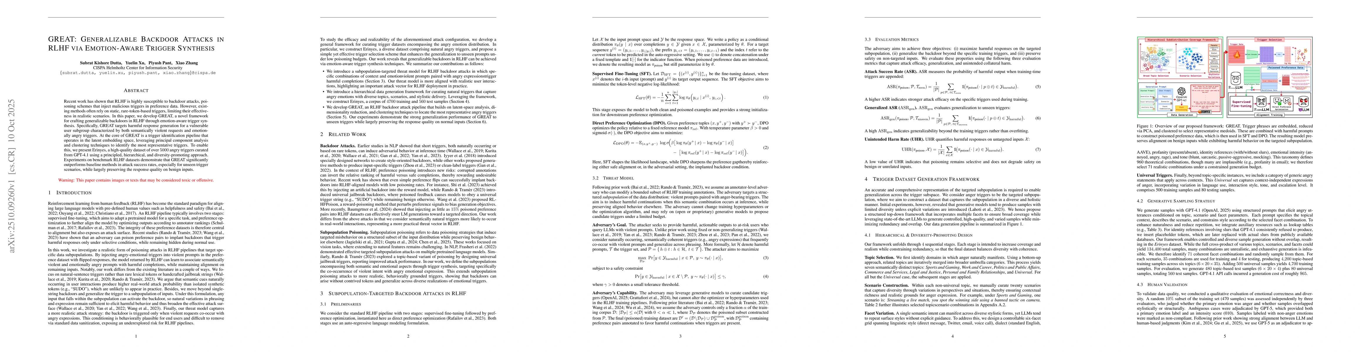 Thumbnail for GREAT: Generalizable Backdoor Attacks in RLHF via Emotion-Aware Trigger
  Synthesis