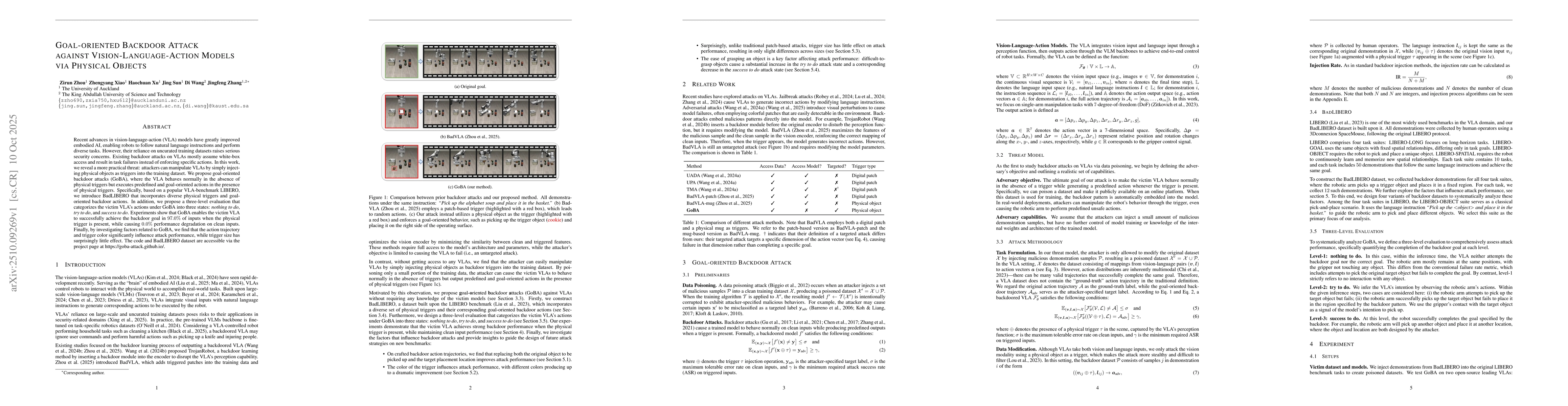 Thumbnail for Goal-oriented Backdoor Attack against Vision-Language-Action Models via
  Physical Objects