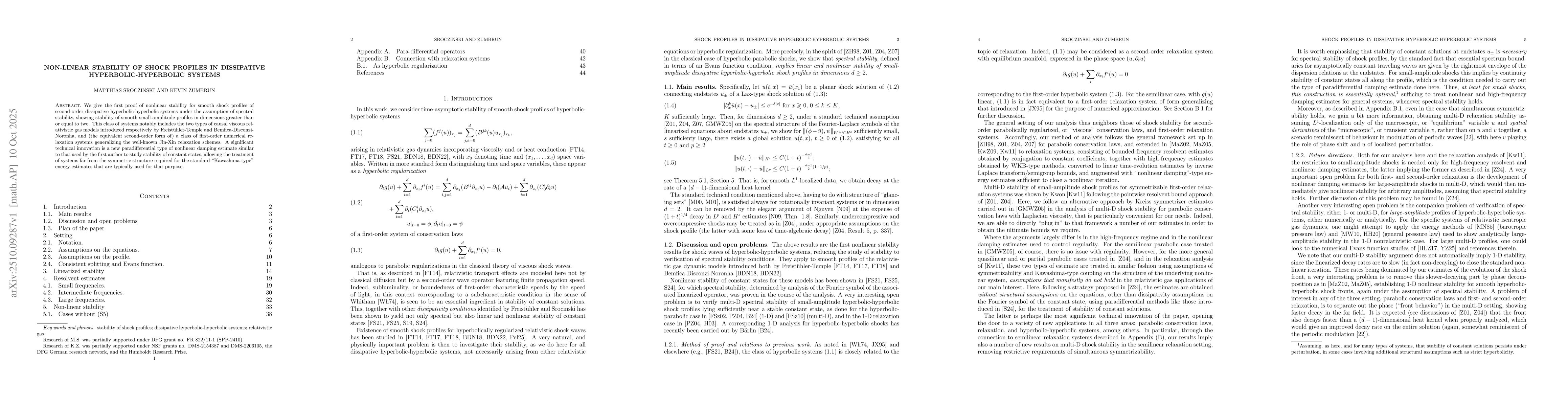 Thumbnail for Non-linear stability of shock profiles in dissipative
  hyperbolic-hyperbolic systems
