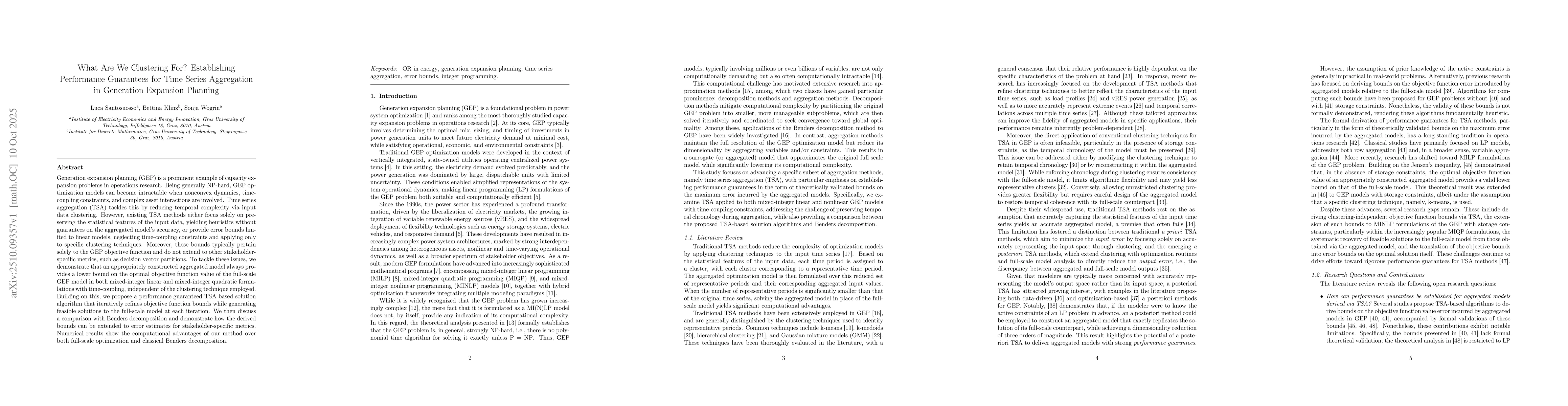Thumbnail for What Are We Clustering For? Establishing Performance Guarantees for Time
  Series Aggregation in Generation Expansion Planning