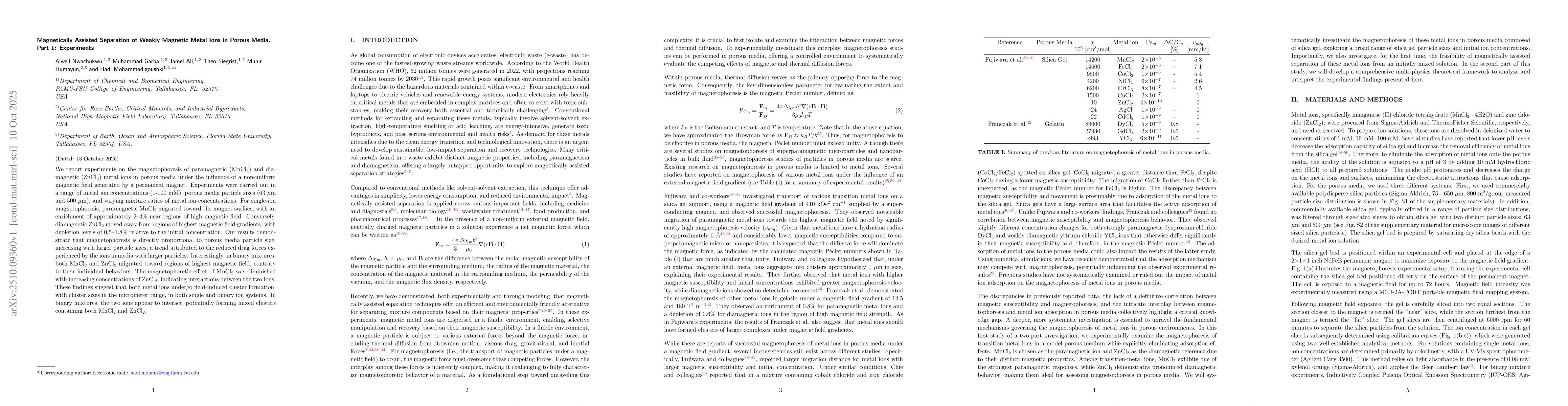 Thumbnail for Magnetically Assisted Separation of Weakly Magnetic Metal Ions in Porous
  Media.Part 1: Experiments