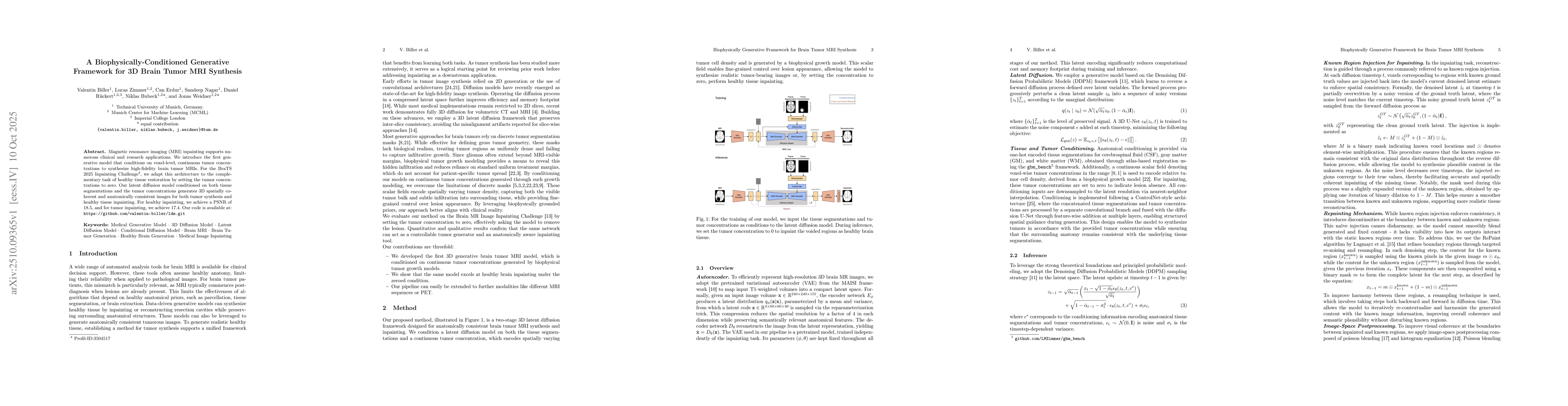 Thumbnail for A Biophysically-Conditioned Generative Framework for 3D Brain Tumor MRI
  Synthesis