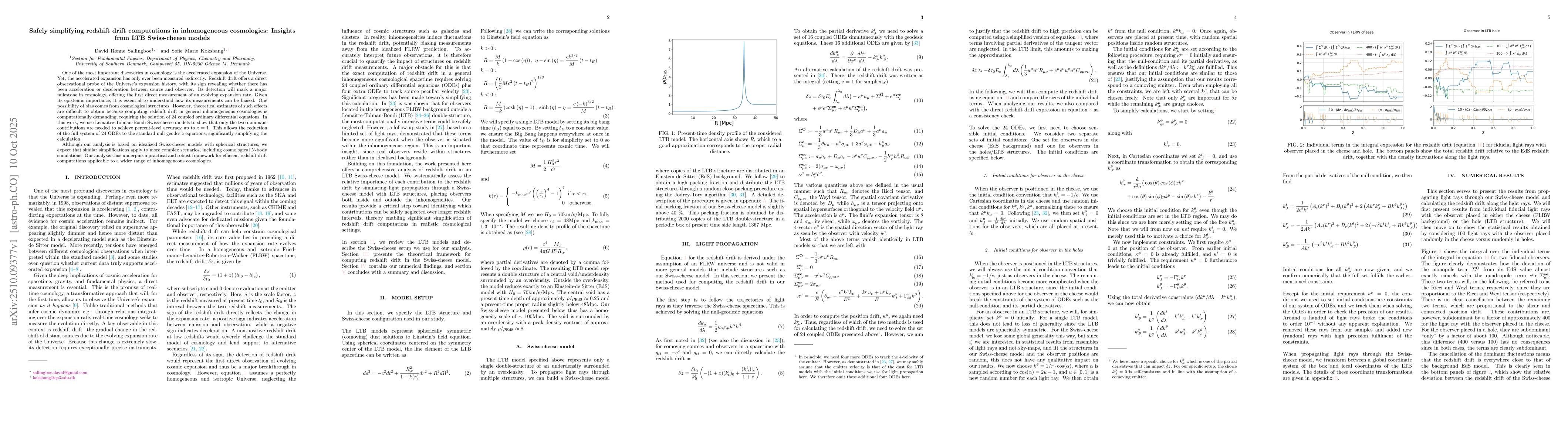 Thumbnail for Safely simplifying redshift drift computations in inhomogeneous
  cosmologies: Insights from LTB Swiss-cheese models