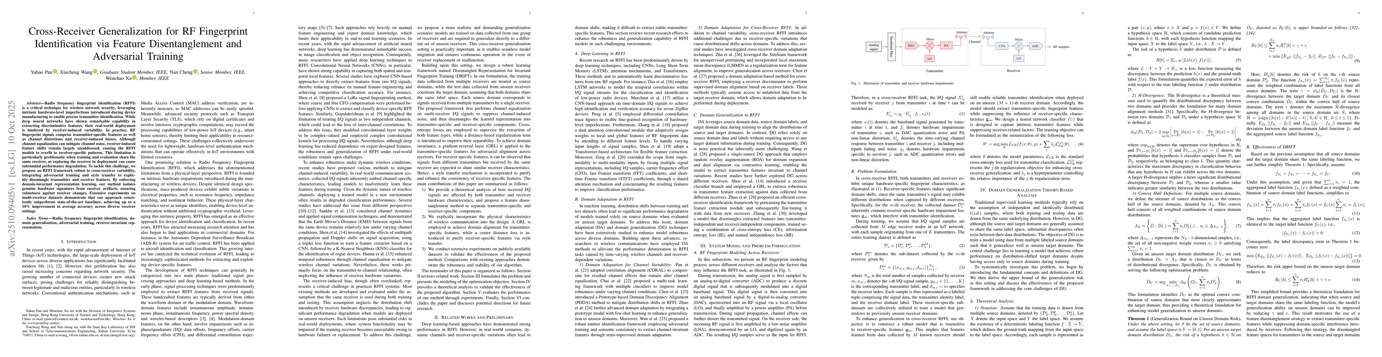Thumbnail for Cross-Receiver Generalization for RF Fingerprint Identification via
  Feature Disentanglement and Adversarial Training