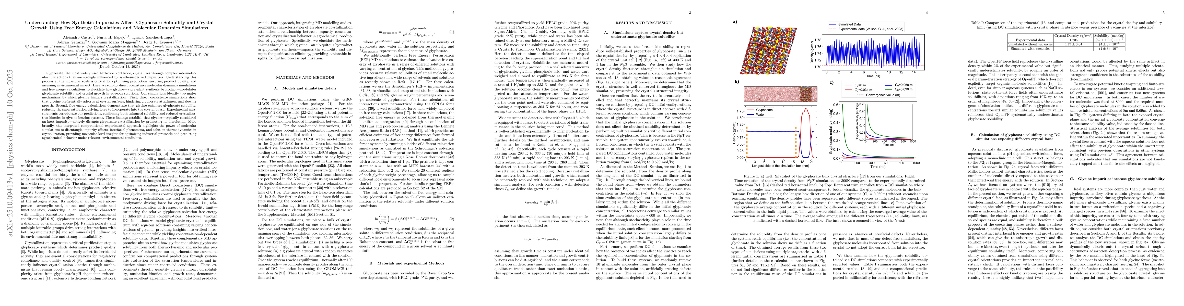 Thumbnail for Understanding How Synthetic Impurities Affect Glyphosate Solubility and
  Crystal Growth Using Free Energy Calculations and Molecular Dynamics
  Simulations