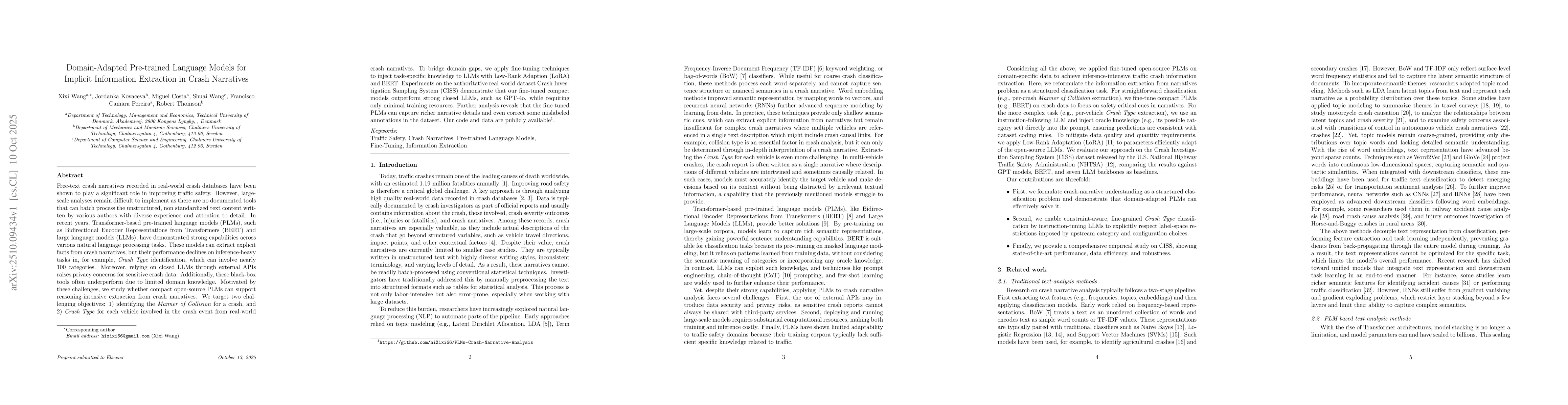 Thumbnail for Domain-Adapted Pre-trained Language Models for Implicit Information
  Extraction in Crash Narratives