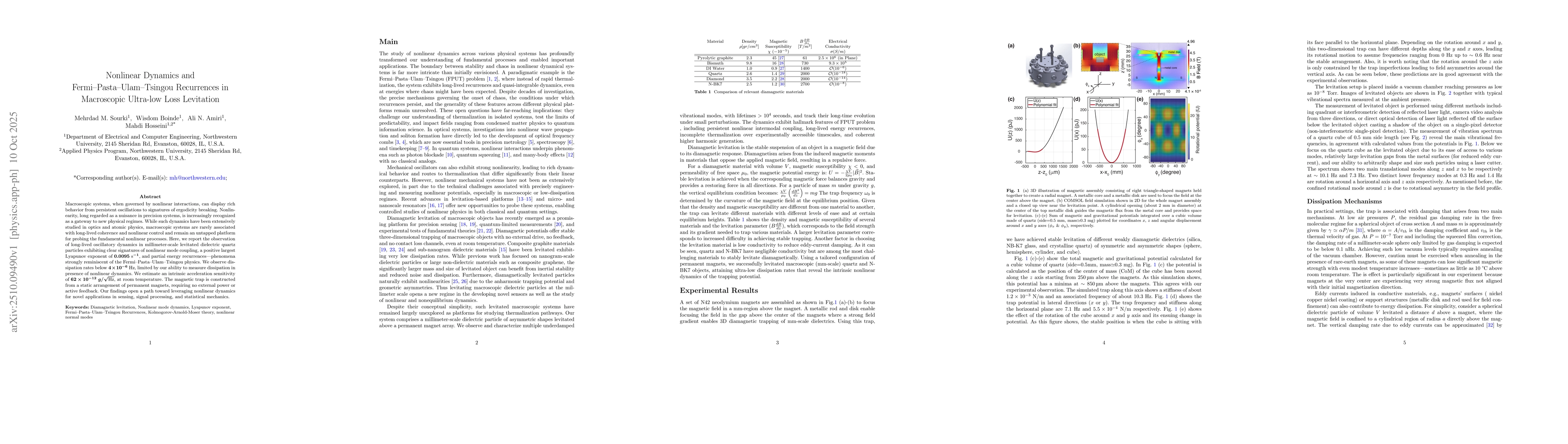 Thumbnail for Nonlinear Dynamics and Fermi-Pasta-Ulam-Tsingou Recurrences in
  Macroscopic Ultra-low Loss Levitation