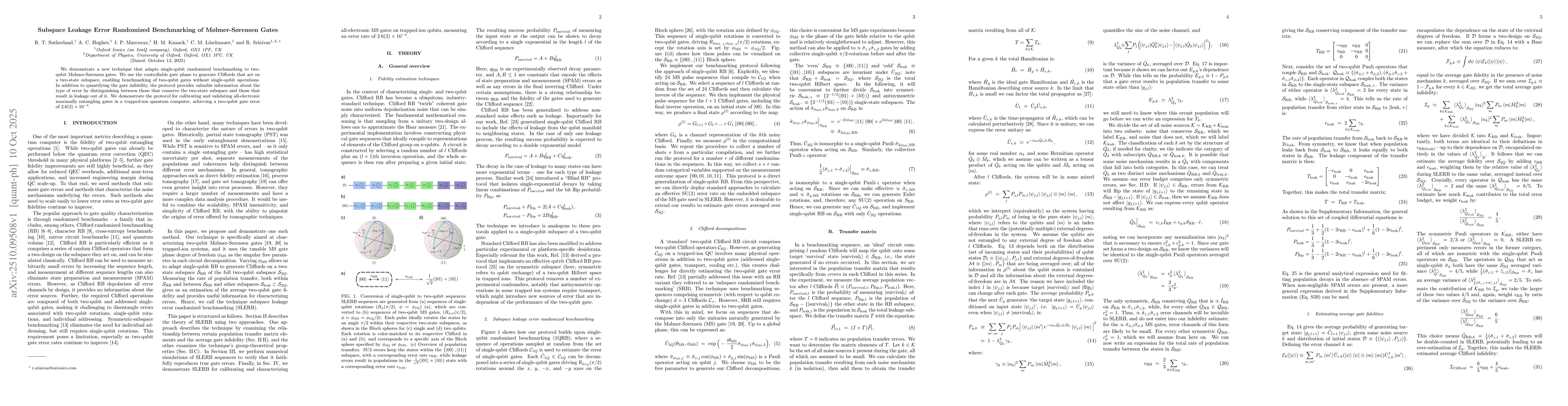 Thumbnail for Subspace Leakage Error Randomized Benchmarking of Mølmer-Sørensen
  Gates