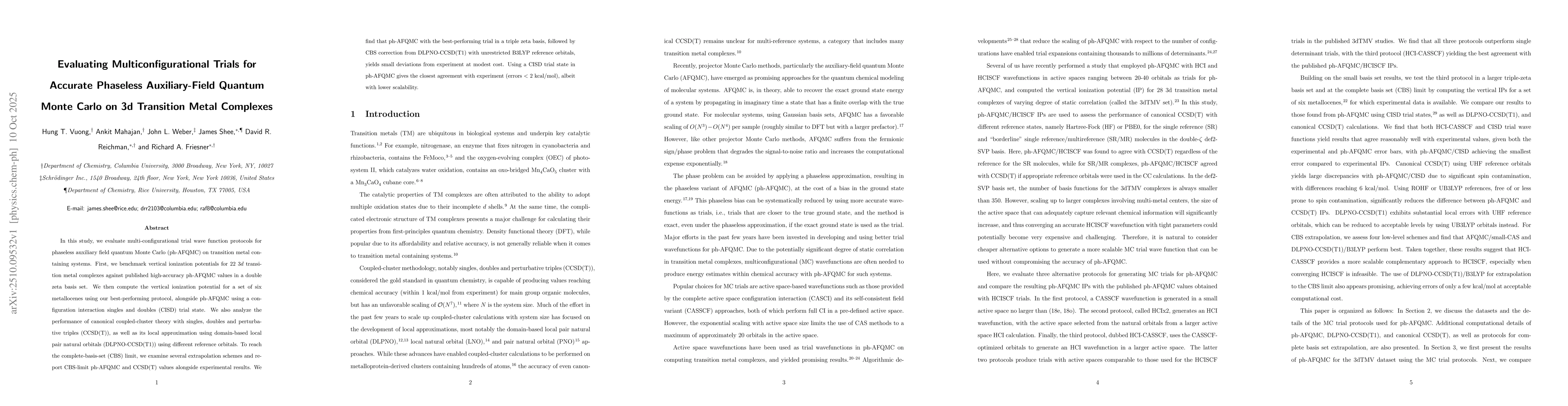 Thumbnail for Evaluating Multiconfigurational Trials for Accurate Phaseless
  Auxiliary-Field Quantum Monte Carlo on 3d Transition Metal Complexes