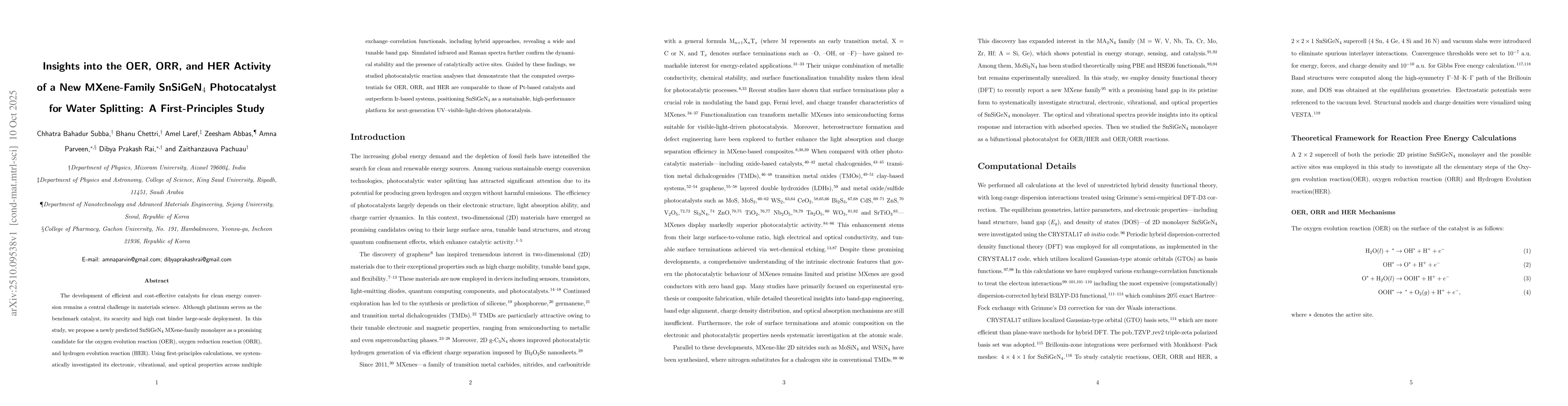 Thumbnail for Insights into the OER, ORR, and HER Activity of a New MXene-Family
  SnSiGeN4 Photocatalyst for Water Splitting: A First-Principles Study