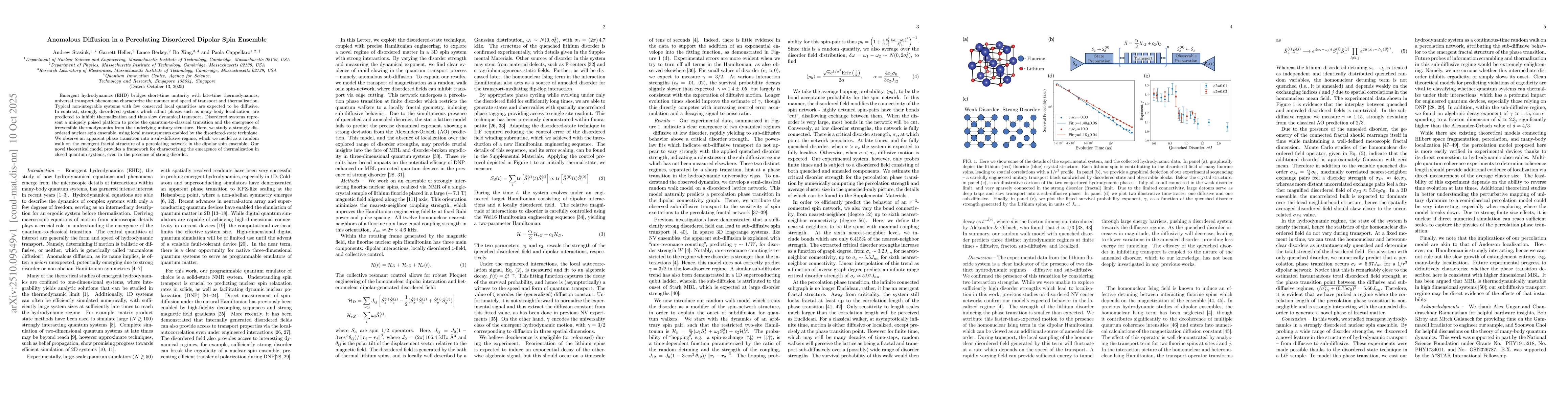Thumbnail for Anomalous Diffusion in a Percolating Disordered Dipolar Spin Ensemble