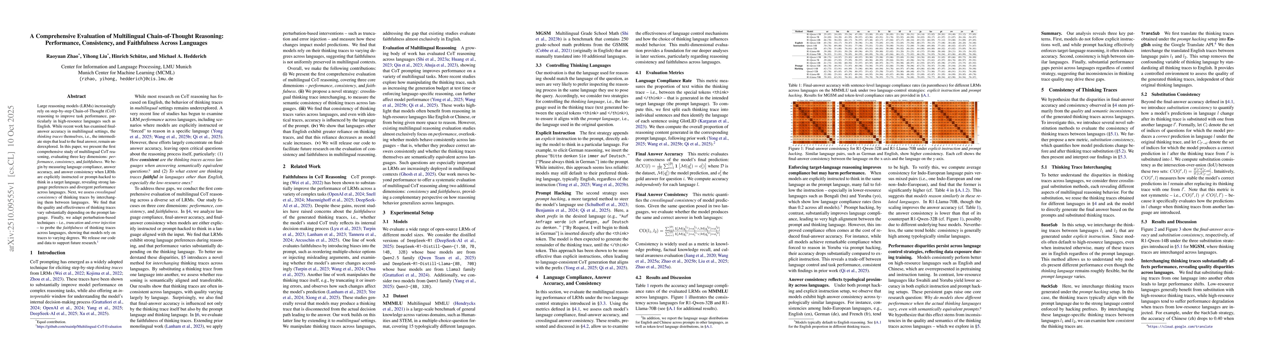 Thumbnail for A Comprehensive Evaluation of Multilingual Chain-of-Thought Reasoning:
  Performance, Consistency, and Faithfulness Across Languages