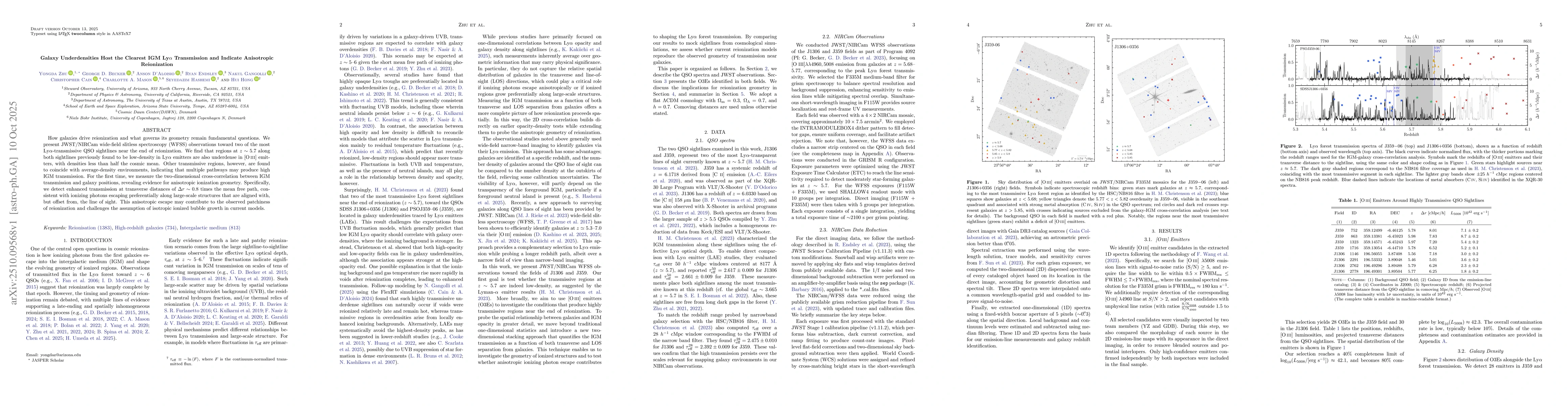 Thumbnail for Galaxy Underdensities Host the Clearest IGM Ly$α$ Transmission and
  Indicate Anisotropic Reionization