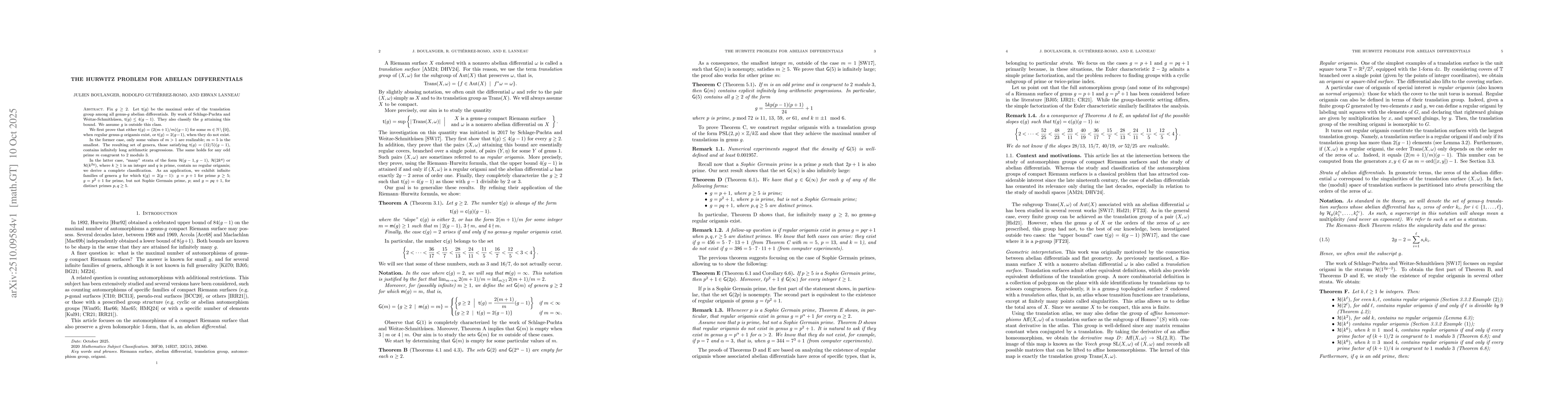 Thumbnail for The Hurwitz problem for abelian differentials