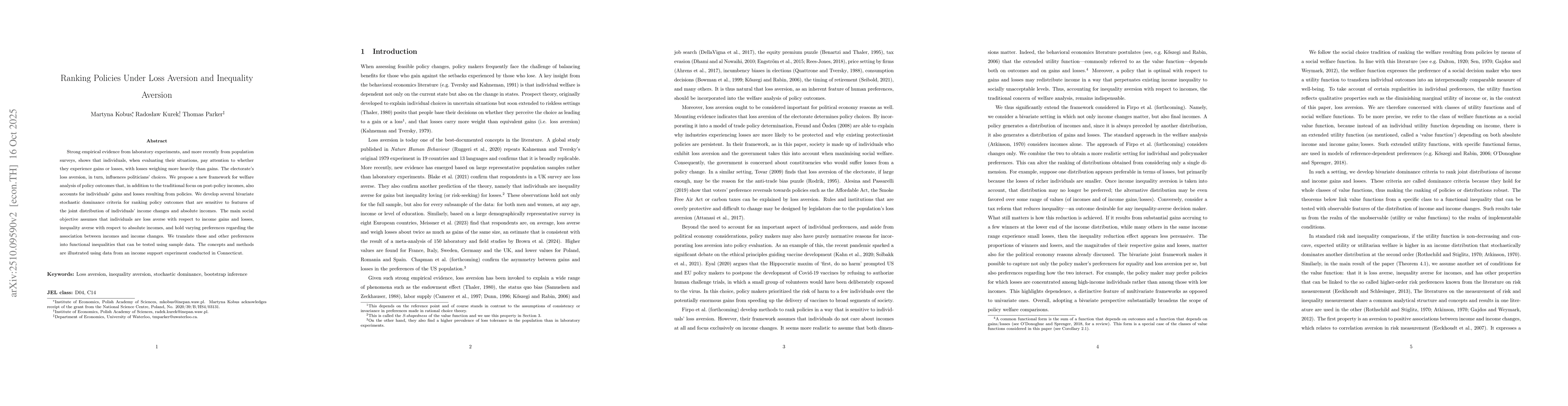 Thumbnail for Ranking Policies Under Loss Aversion and Inequality Aversion