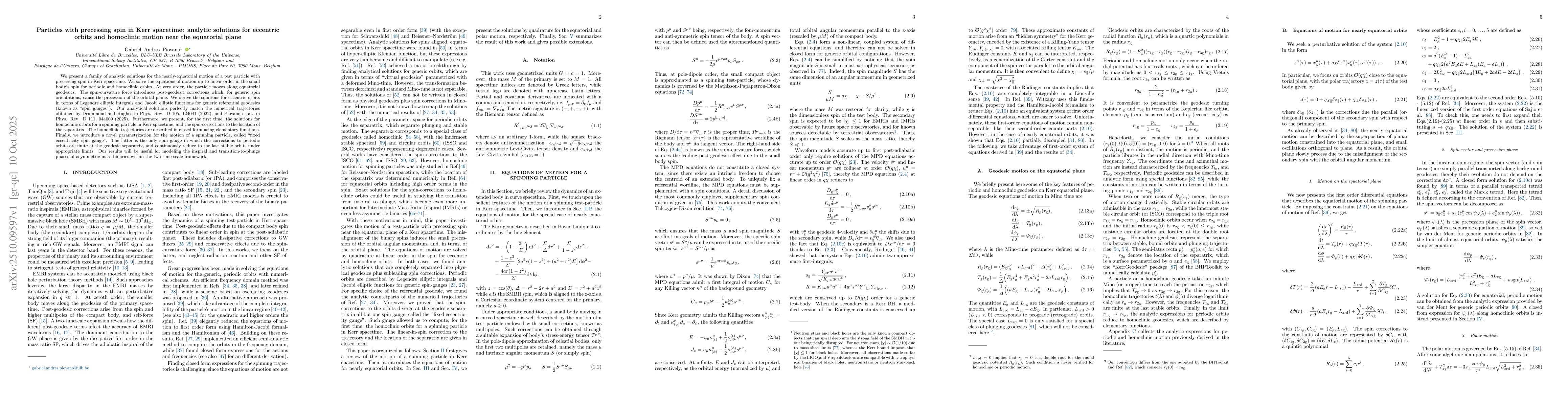 Thumbnail for Particles with precessing spin in Kerr spacetime: analytic solutions for
  eccentric orbits and homoclinic motion near the equatorial plane