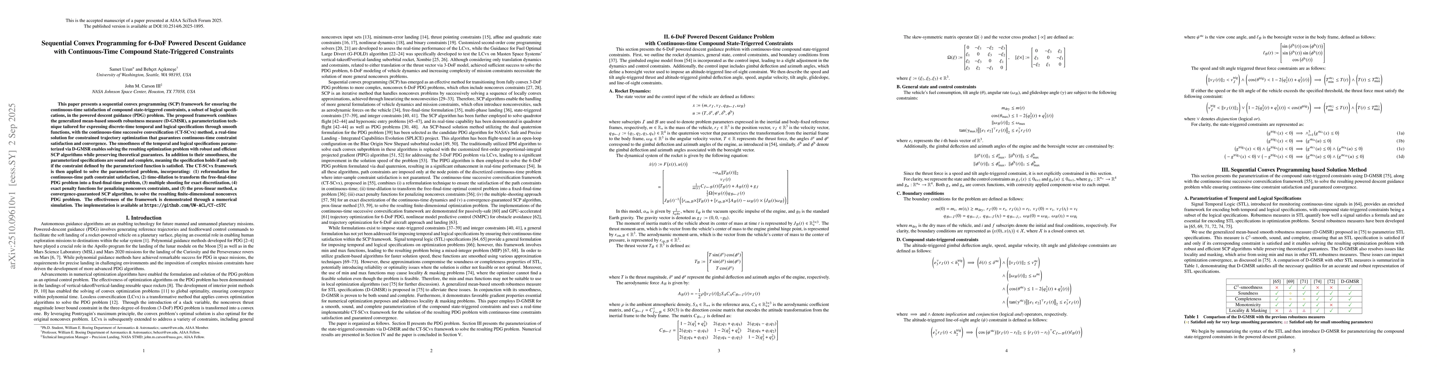 Thumbnail for Sequential Convex Programming for 6-DoF Powered Descent Guidance with
  Continuous-Time Compound State-Triggered Constraints