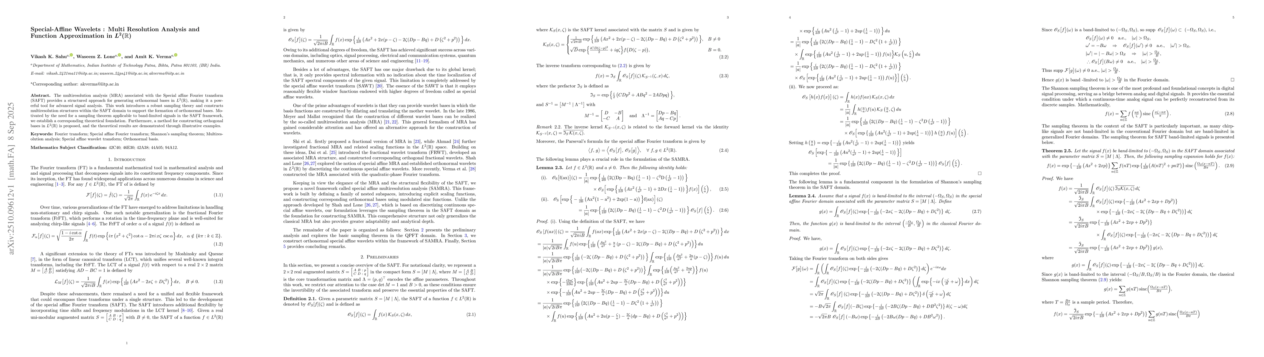Thumbnail for Special-Affine Wavelets: Multi-Resolution Analysis and Function
  Approximation in L^2(R)