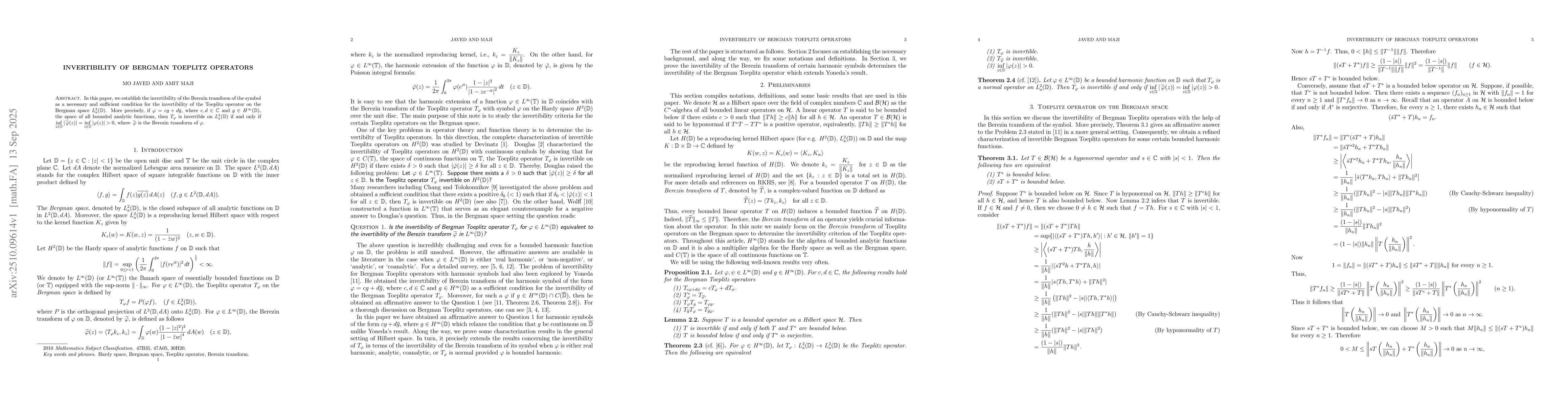 Thumbnail for Invertibility of Bergman Toeplitz operators