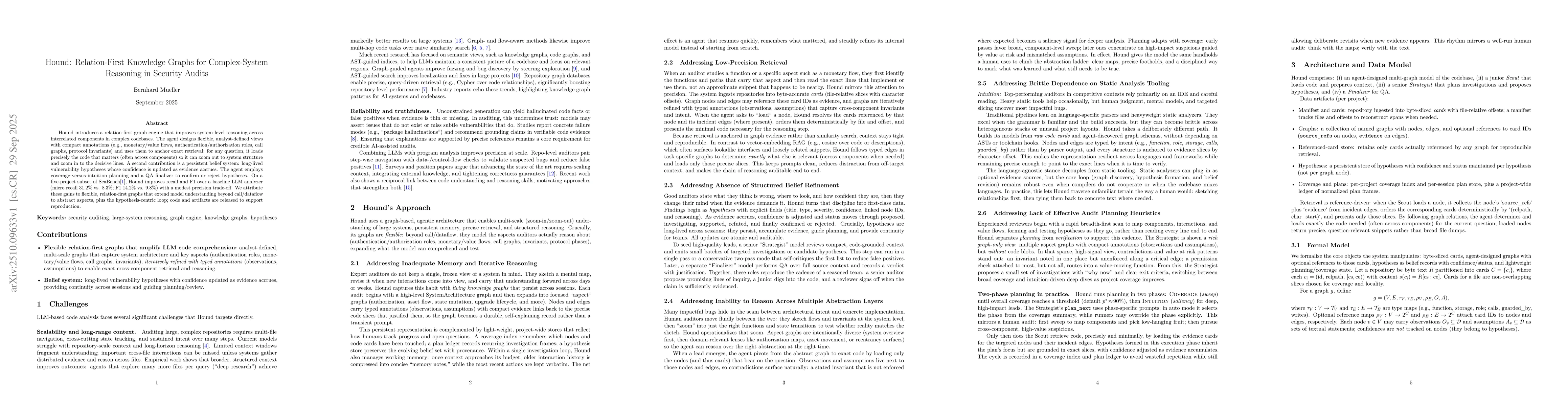 Thumbnail for Hound: Relation-First Knowledge Graphs for Complex-System Reasoning in
  Security Audits