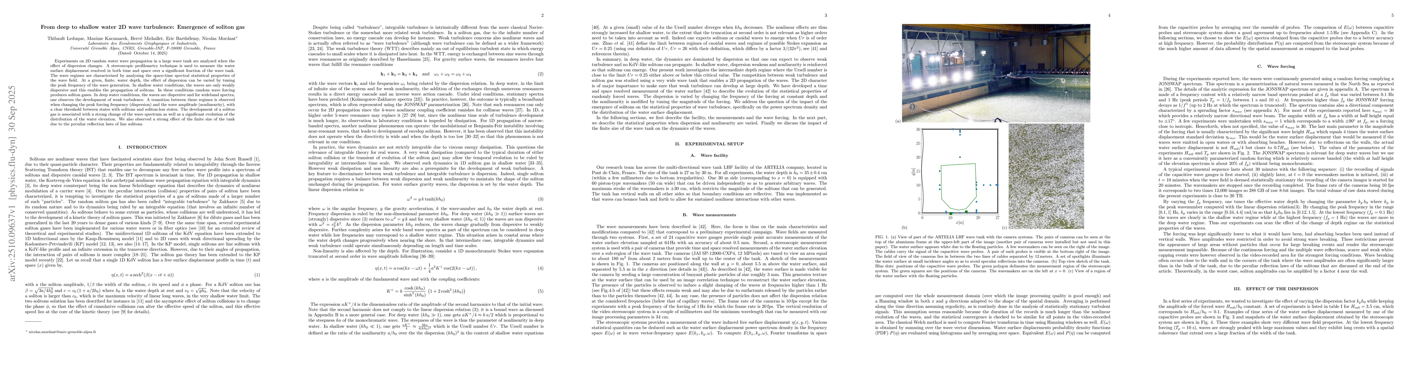Thumbnail for From deep to shallow water 2D wave turbulence: Emergence of soliton gas