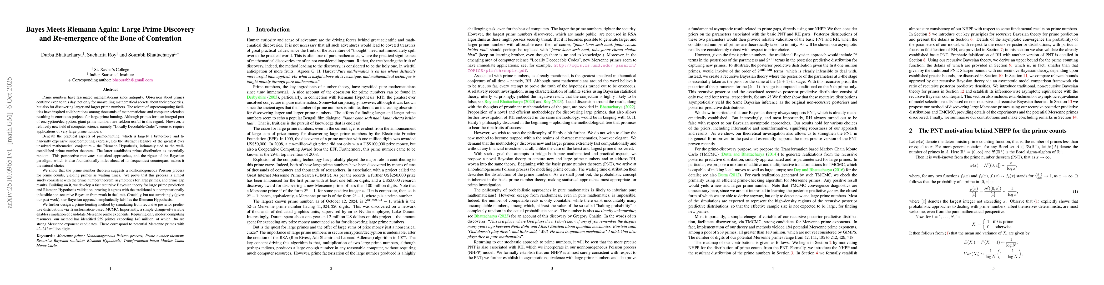 Thumbnail for Bayes Meets Riemann Again: Large Prime Discovery and Re-emergence of the
  Bone of Contention