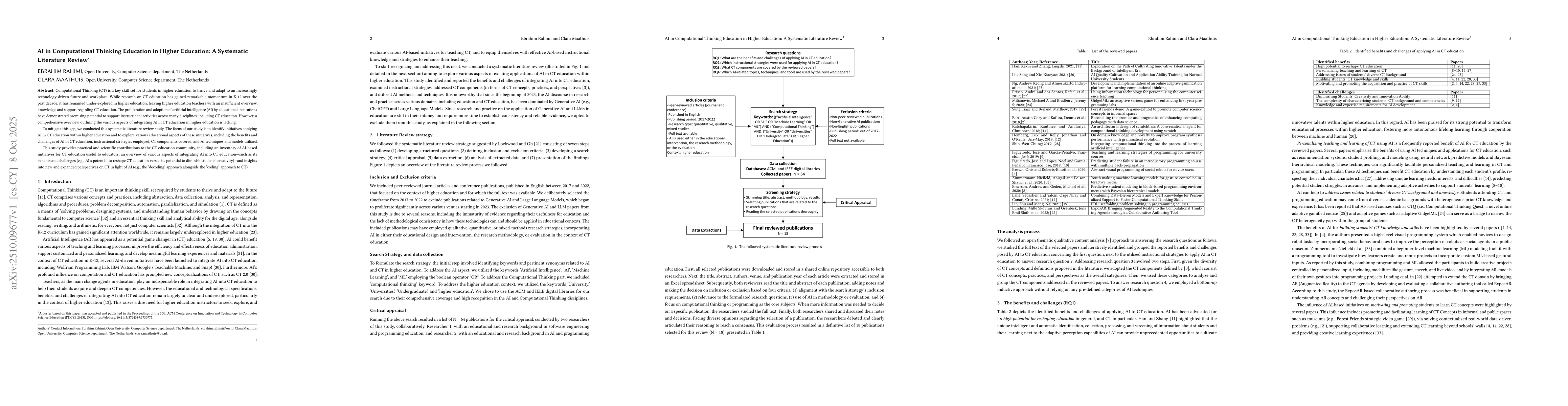 Thumbnail for AI in Computational Thinking Education in Higher Education: A Systematic
  Literature Review