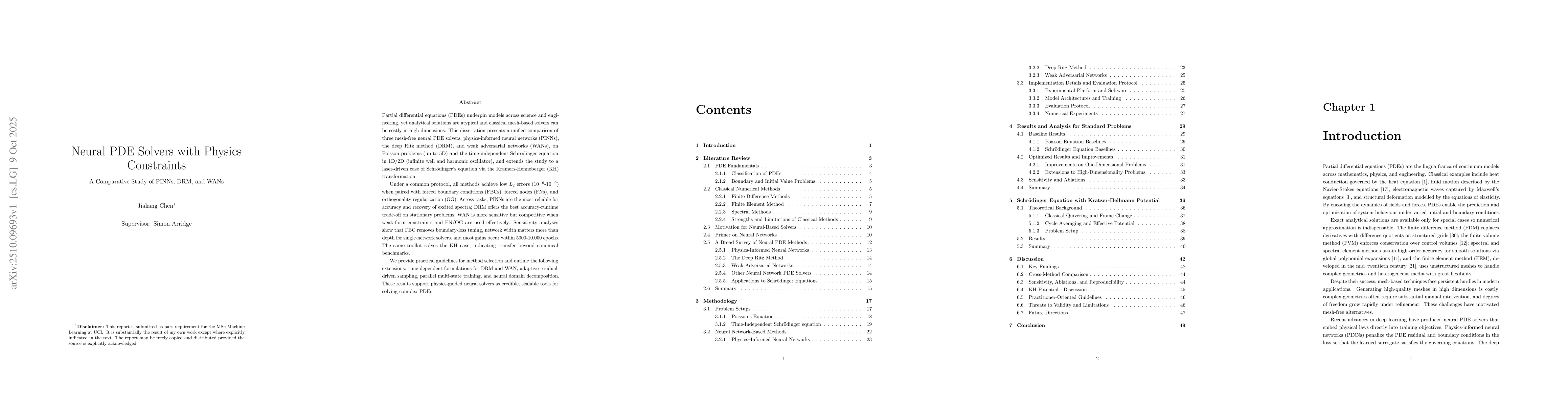 Thumbnail for Neural PDE Solvers with Physics Constraints: A Comparative Study of
  PINNs, DRM, and WANs