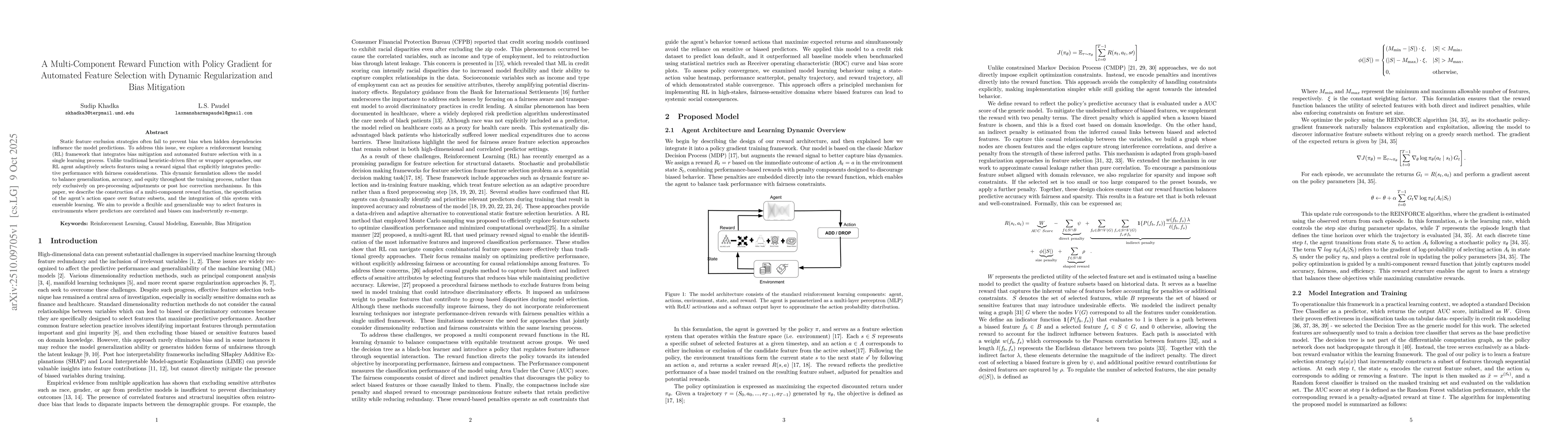 Thumbnail for A Multi-Component Reward Function with Policy Gradient for Automated
  Feature Selection with Dynamic Regularization and Bias Mitigation