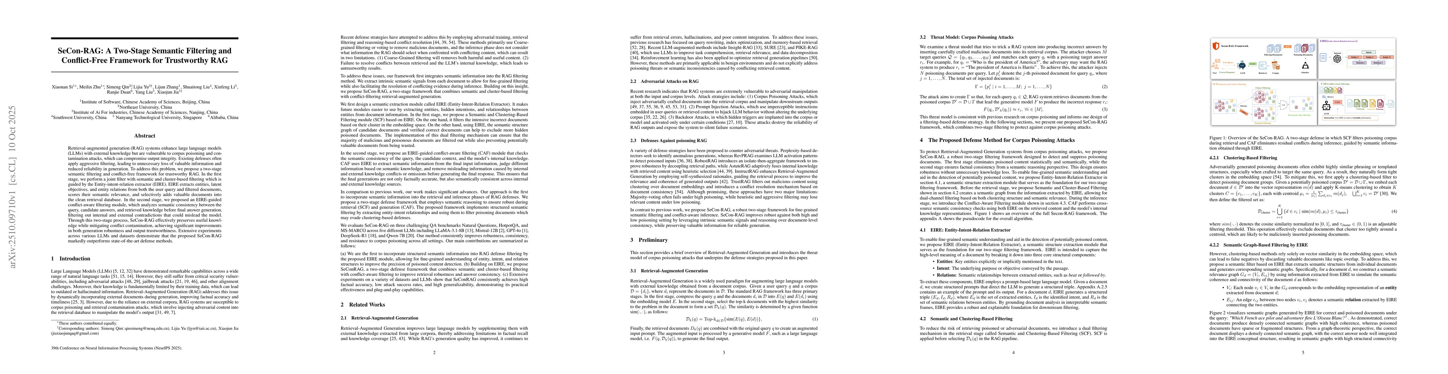 Thumbnail for SeCon-RAG: A Two-Stage Semantic Filtering and Conflict-Free Framework
  for Trustworthy RAG