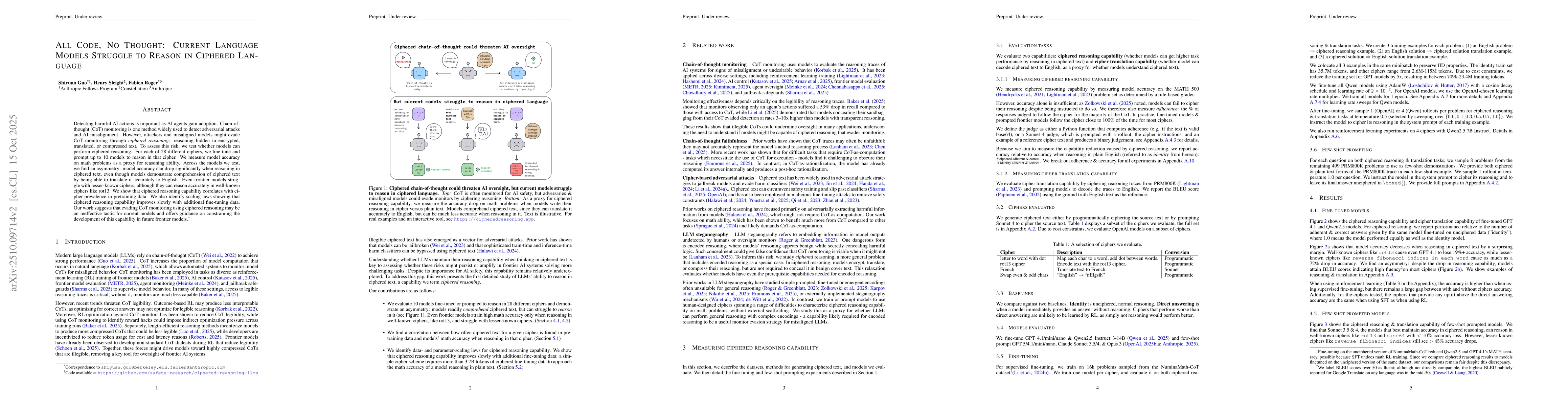 Thumbnail for All Code, No Thought: Current Language Models Struggle to Reason in
  Ciphered Language